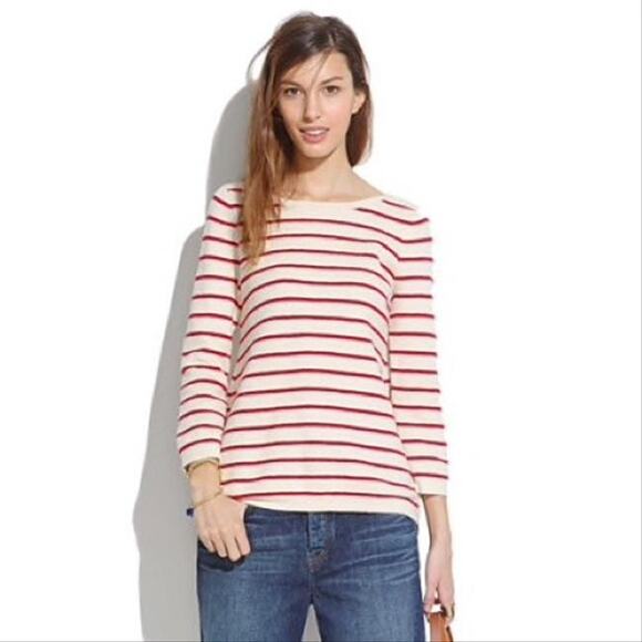 Madewell Seaside Side-Zip Red Cream Striped Cotton Crewneck Sweater Size XS - Picture 1 of 10